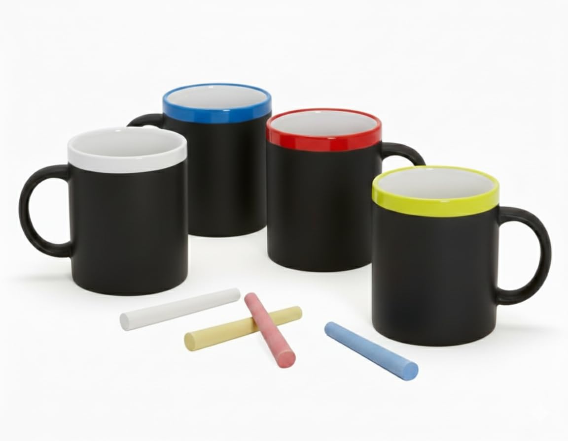 Set da 4 Tazze in Ceramica con Lavagna e Gessetti | Tazze da Caffè o Tè per Scrivere Messaggi Originali | Regalo Divertente per Amici, Famiglia e Bambini | Perfetto per Disegnare