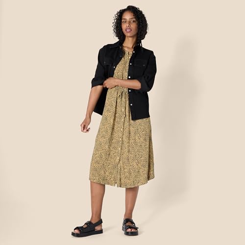 Amazon Essentials Women's Fit and Flare Half-Sleeve Waisted Midi A-Line Dress with Pockets, Black Camel Animal Print, Large