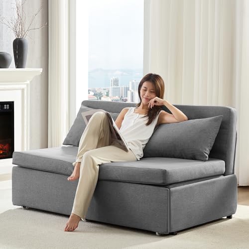 Image of BALUS 64 inch W Queen Size Pull Out Sleeper Sofa Bed Couch with Pullout Bed, 2 in 1 Convertible Linen Loveseat Sofa Sleepers with Pillows and Tri-fold Mattress for Small Space Loft Home Office, Light Grey