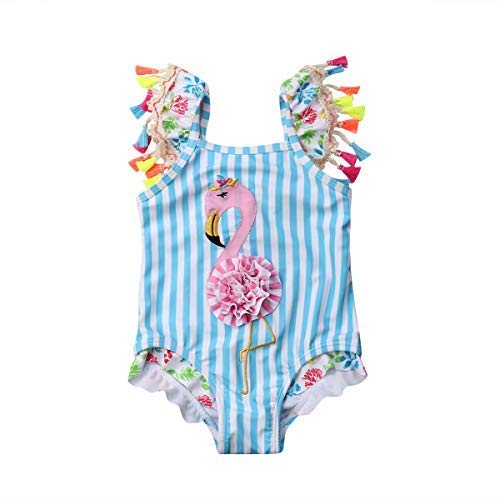 Carolilly Neonate Costume da Bagno Bambina Un Pezzo con Stampa Flamingo Costumi da Bagno a Righe Blu con La Spalla Volare e Frange Multicolore(da 12mesi-7anni Bambini)