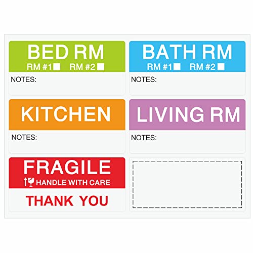 Aleplay 120 Count Home Moving Color Coding Labels, 5 Different Living Spaces + 1 Blank Label, 6 Labels / Sheet （20 Sheets）1.65 x 3.5 Inch
