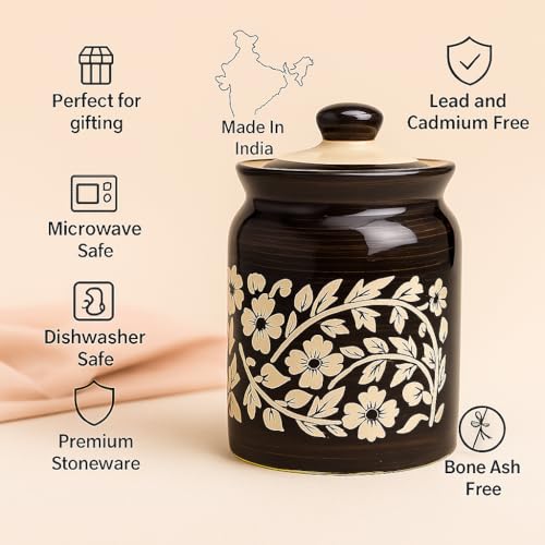 Image of D'Maiolica Traditional Ceramic Pickle Jars with Lid in 1000ml | Achaar Barni for Kitchen | Ceramic Container for Achar, Salt, Spices (Set of 1)(Z Black Floral Print)
