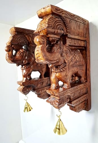 Image of Wooden Elephant Wall Bracket Pair 12 Inch | Hand Carved Brown Finish South Indian Corbels with Brass Bells | Traditional Wooden Wall Hanging Sculpture for Home & Pooja Room Decor (Set of 2)