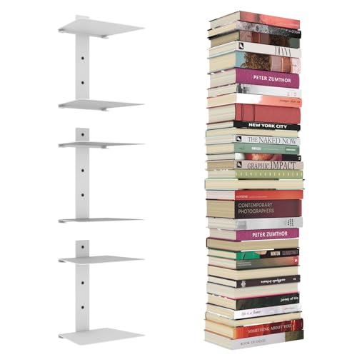 Estanteria Invisible para Libros, 6 Etanteria Invisible Verticales, Estanterías Flotantes para Pared, Estanterías mMetálicas Ocultas para Dormitorio, Decoración de Oficina en Casa, Juego de 3, Blanco