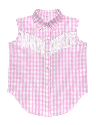 Image of Girls Fringe Shirt Sleeveless Button Down Western Cowgirl Tassel Trim Casual Blouse Shirt Top 4-13Y