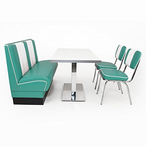 möbelland24 American Diner Sitzgruppe türkis: Sitzbank Viber 120cm + Diner Tisch + 2X Retro Stuhl