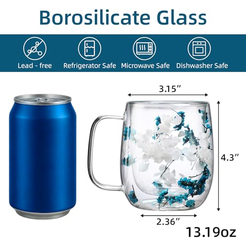 Taza de vidrio doble pared con flores secas, azul, 13.1oz miniatura 3