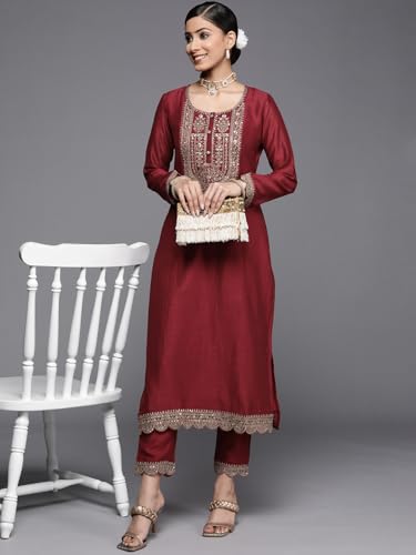 Image of Libas Embroidered Silk Straight Kurta