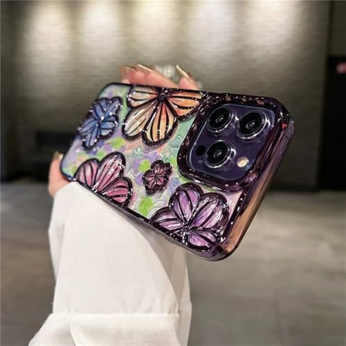 Coque iPhone 14 Pro Max souple violette à motif fleurs effet plaqué