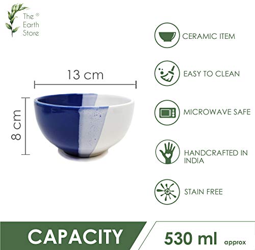 Image of The Earth Store Ceramic Handcrafted White Blue Dual Tone Soup Bowl for Vegetable Chutney Snacks Pasta Serving Bowl for Home Kitchen Dining Table, White Blue (Set of 2)