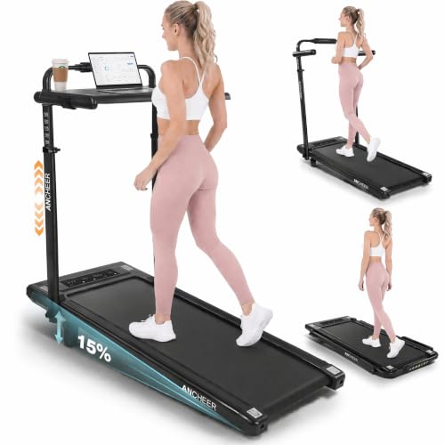 Image of Height-Adjustable Desk Treadmill with 15% Incline for Home Office Workout | 8 in 1 Folding Treadmill 450lbs Weight Capacity, 3.5HP Quiet Portable Treadmill with Desk, 3 Type Control, Ready to Use