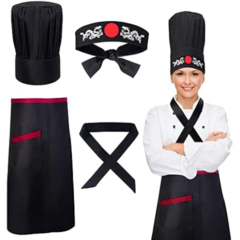 Keymall Hibachi Chef Tall Hat and Apron Costume Set with Headband Tie for Japanese Cuisine Lovers and Hibachi Enthusiasts Cover