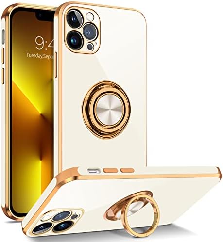 BENTOBEN iPhone 13 Pro Max Case with Ring, Phone case for iPhone 13 Pro Max, Holder Gold Edge Rotation Kickstand Soft Silicone TPU Bumper Slim Flexible Shockproof Protective Cover for iPhone 13 ProMax