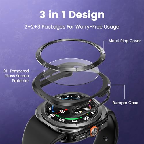 Goton [2+2+3 Pack] 3 in 1 for Samsung Galaxy Watch Ultra 47mm Screen Protector Case, HD Tempered Glass Screen Protector Hard PC Case Metal Bezel Ring Cover for Galaxy Watch 7 Ultra 2024 8 Ultra 2025