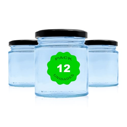 Pack 12 Botes,frascos,tarros,envases de cristal con tapa/cerradura,ideal para almacenaje de comida,conserva,frutas y verduras.Diferentes tamaños y colores. (Negro, 250ml)