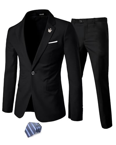 YND Men's 2 Piece One Button Suit, Slim Fit Jacket and Pants with Tie, for Business Weddings Party Proms