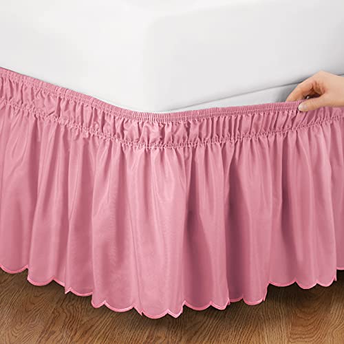 Collections Etc Scalloped Elastic Bed Wrap Around, Easy Fit, Dust Ruffle Bedskirt, Rose, Queen/King #TOP1
