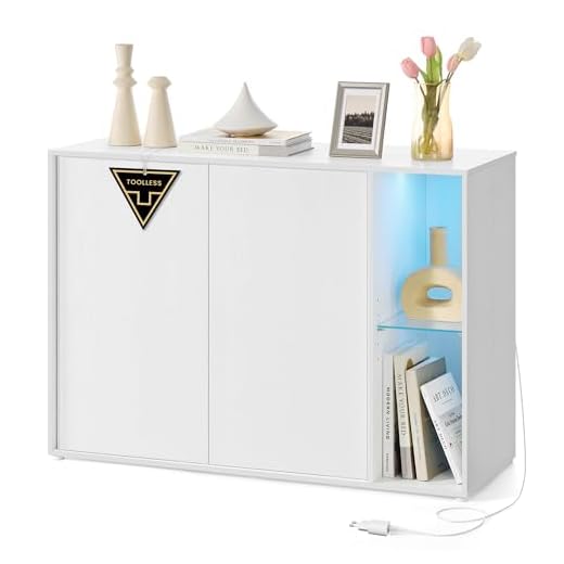 SONGMICS HOME Sideboard, superschnelle werkzeuglose Montage, Toolless-Technologie, Aufbewahrungsschrank Wohnzimmer, TV-Schrank mit LED-Beleuchtung, verstellbare Ablagen, Modern, schneeweiß BBK372W01