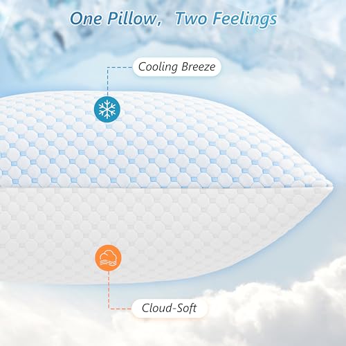 Image of UYWO Cooling Firm Bed Pillows Set of 2, Shredded Memory Foam Pillows for Sleeping Luxury Gel Pillows for Side Back Stomach Sleepers with Removable Washable Cover(Blue, Standard)