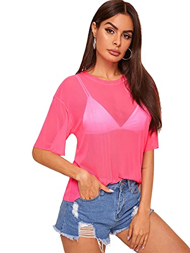 Makemechic Women's Summer Short Sleeve Tops See Through Mesh Sheer Sexy T Shirt Blouse Hot Pink L #TOP18