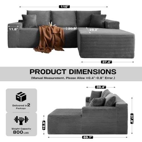 Image of 96 inch Sectional Couches for Living Room Cloud Couch Sofa with L-Shape Upholstered Boneless Couchs Modern Modular Sectional Couch with Chaise