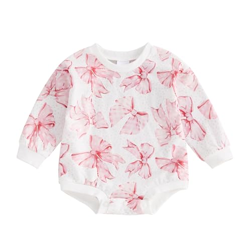 Image of FIOMVA Valentines Girl Outfit Infant Heart Bow Bubble Romper Sweatshirt Newborn Bodysuit Top Toddler Spring Clothes