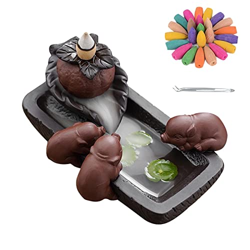 Three Little Pigs Incense Holder,Incense Burner,Ceramic Incense Waterfall,With 30 Backflow Incense Cones +1 Tweezers +1 Simulated Green Plant Yoga Meditation Aromatherapy Home Decor (Persimmon) #TOP20