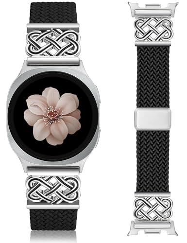 Braided Magnetic Band Compatible with Samsung Galaxy Watch 8 40mm 44mm/8 Classic 46mm Women Men Celtic Metal Stretchy Elastic Dressy Nylon Bracelet Strap No for Galaxy Ultra/7/6/5/4 Silver/Black