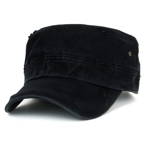 ililily Distressed Cotton Cadet Cap with Adjustable Strap Army Style Hat (cadet-527-1) Black Cover