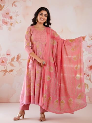 Image of Pure Cotton Anarkali Kurta Set for Women with Dupatta | 3 Piece Cotton Anarkali Suit | Floral Aari Work | Flared Ethnic Wear