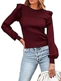PRETTYGARDEN Fall Sweaters for Women 2025 Trendy Puff Long Sleeve Ruffle Pullover Tops Cute Lightweight Business Casual Sweater (Wine Red,S)
