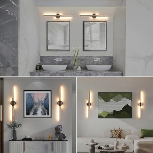 Rechargeable Battery Operated Wall Sconce Set of Two, Black Wireless LED Wall Sconces with Remote Control, Dimmable 3 Colors Cordless Wall Lights for Living Room, Bedroom, Hallway, 31.4 Inch(2pcs) by Giawosth - Used condition - Image 7