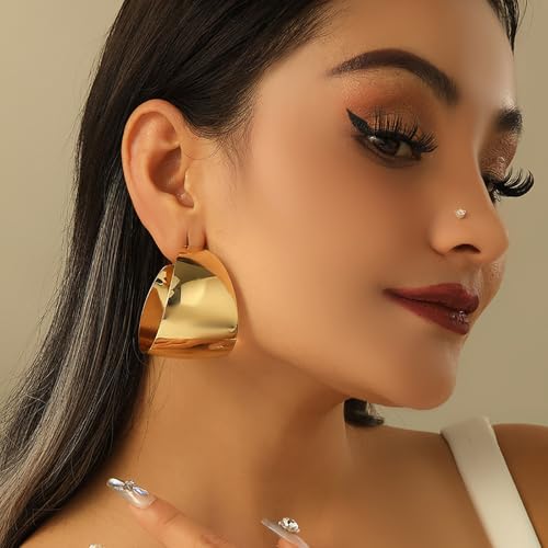 Chunky Hollow Round Hoop Earrings,Punk Plated Gold Big Round Statement Drop Earrings,Minimalist Daily Birthday Party Jewelry Gifts for Women3