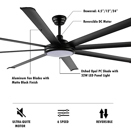 Wingbo 80" Ceiling Fan With Lights And Remote Control, Matte Black Ceiling Fan With 3 Downrod, 8 Reversible Blades, 6-Speed Noiseless Dc Motor, Modern Ceiling Fan For Kitchen Bedroom Living Room #TOP5