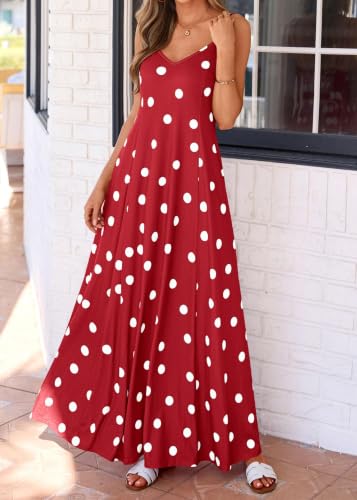 Image of KIRUNDO Womens Polka Dot Spaghetti Strap Flowy Maxi Dress | Sleeveless V Neck Boho Long Dresses, 2026 Summer Beach Vacation Cruise Outfits, A-Line Backless Sundress With Pockets