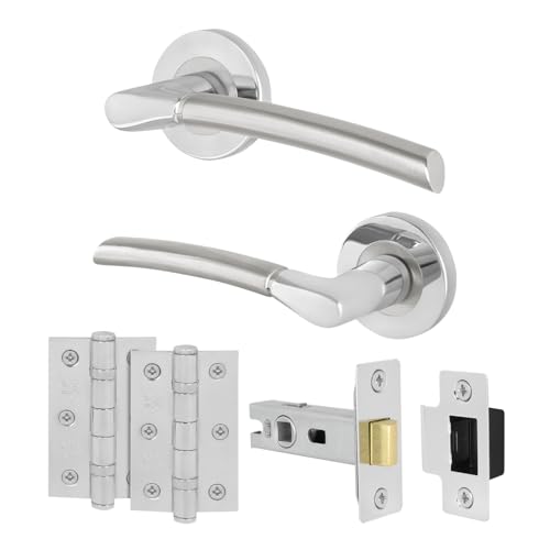 EAI Chrome Door Handle Latch Set, 1 Pair Internal Round Rose Polished Chrome and Satin Nickel Handles, Latch 64mm Hinges 76mm
