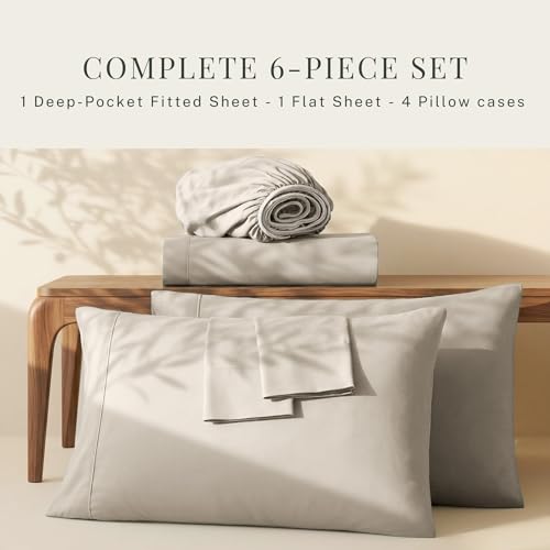 Image of Hearth & Harbor Bed Sheets, Luxury Soft 6 Piece Bed Sheet Set Extra Deep Pocket Fitted Sheets Fits Mattress up to 21 inch, Double Brushed Bedding Sheets & Pillowcases, Twin, Natrual Linen
