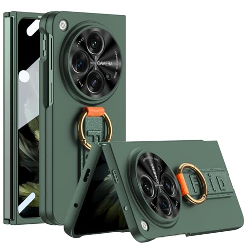 NINKI Compatible Strap Case for OnePlus Open Case with Wristband & Screen Protector,OPPO Find N3 Case,Shockproof Hard PC Cover Thin Lightweight Phone Case for OnePlus Open Flip Case with Strap Green