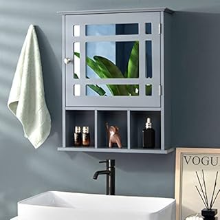 CASART Wall Mounted Bathroom Cabinet, Single Door Storage Mirrored Cupboard with Adjustable Shelf and 3 Open Compartments, Wooden Mirror Organizer for Bedroom, Living Room, Bathroom (Grey) (Grey)