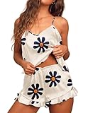 Ekouaer Satin Pajama Set for Women 2 Piece Camisole Top and Shorts Silk Lingerie with Ruffle Floral Nightwear