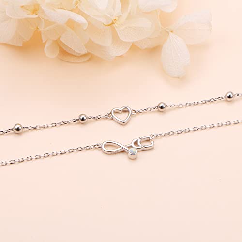 Image of Flyow Anklet for Women S925 Sterling Silver Adjustable Foot Beaded Heart Charm Ankle Bracelet Anklets Jewelry