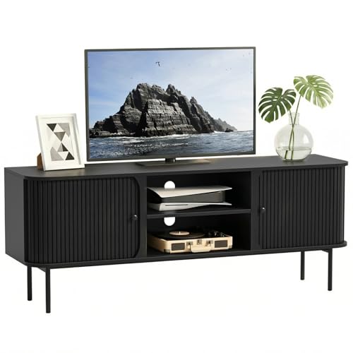 Yvsevnr Mueble de TV de 2 Puertas Correderas y Compartimentos Abiertos Mesa de TV de hasta 65 Pulgadas, Largo de 150 cm, con Puertas Correderas, para Salón, Comedor, Dormitorio 150 x 40 x 58 cm