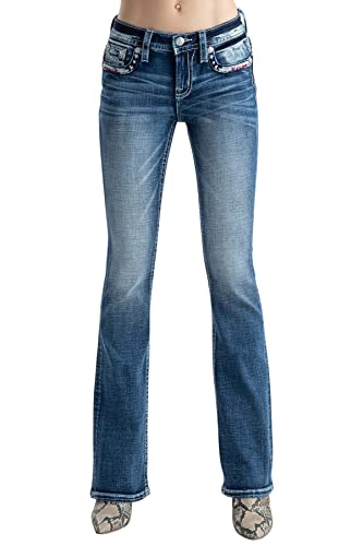 Miss Me Women's Dark Wash Mid Rise Americana Border Stretch Bootcut Jeans Dark Blue 30W X 34L #TOP27