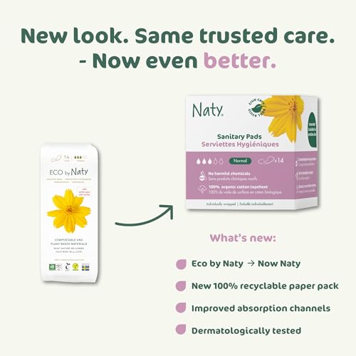 Image of Naty Sanitary Pads for Women Without Wings, Normal Absorbency, 14 Count | 100% Organic Cotton top Sheet, Certified Skin-Safe for Periods, Unscented, Comfortable & Breathable