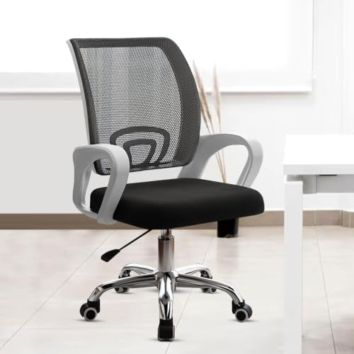 Image of Casa Copenhagen Mesh Mid Back Office /Study /Computer /Revolving /Desk Chair for Work from Home -Metal Base, Height Adjustable Seat - Black & White Handle