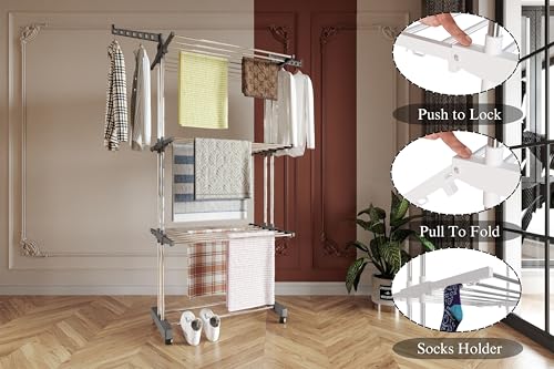 Image of Premium Stainless Steel Clothes Drying Stand | 3 Tier 2 Pole Foldable Laundry Rack with Wheels & Sock Holder | Heavy Duty Indoor & Outdoor for Balcony, Terrace & Home - Gray