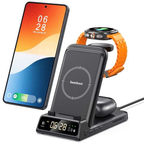 Charging Station for Samsung S26 Ultra Wireless Charger for Galaxy S26+/S25 Ultra/S25+/S25/S24 Ultra/S24+ Galaxy Watch 8/8 Classic/Ultra/7/6/5 for Galaxy Buds 4 Pro/4 SwanScout 703S (No Adapter)