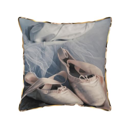 Image of AUBKFELD Ballet Shoe Printed Velvet Cushion Cover 50x50 CM with Gold Edging Strip, Square Pillowcase Soft Throw Pillow Covers Case Decorative for Living Room Sofa Bed