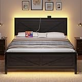 DOGIBIXO Led Bed Frame King Size with USB Charging Station, Industrial Platform Bed Frame with Farmhouse Barn Door Headboard, Strong Metal Slats Support, Noise Free, No Box Spring Needed, Black