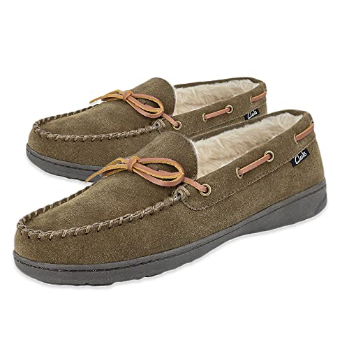 Clarks Mens Suede Leather Moccasin Slipper 22SH-011 - Faux Fur Lining Cushion Comfort Insole - Indoor Outdoor Slippers For Men (11 M US, Sage)